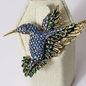 BLUE HUMMINGBIRD Rhinestone Embellished Brooch Pin